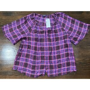 NWT! Roaman's Plaid Button Front Blouse Womens Size 20W Short Sleeve Purple Pink